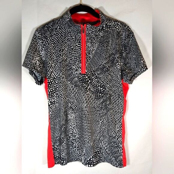 Tail Short Sleeve Golf Shirt With Half Zip, Black & White With Red Trim Size M - Picture 1 of 7